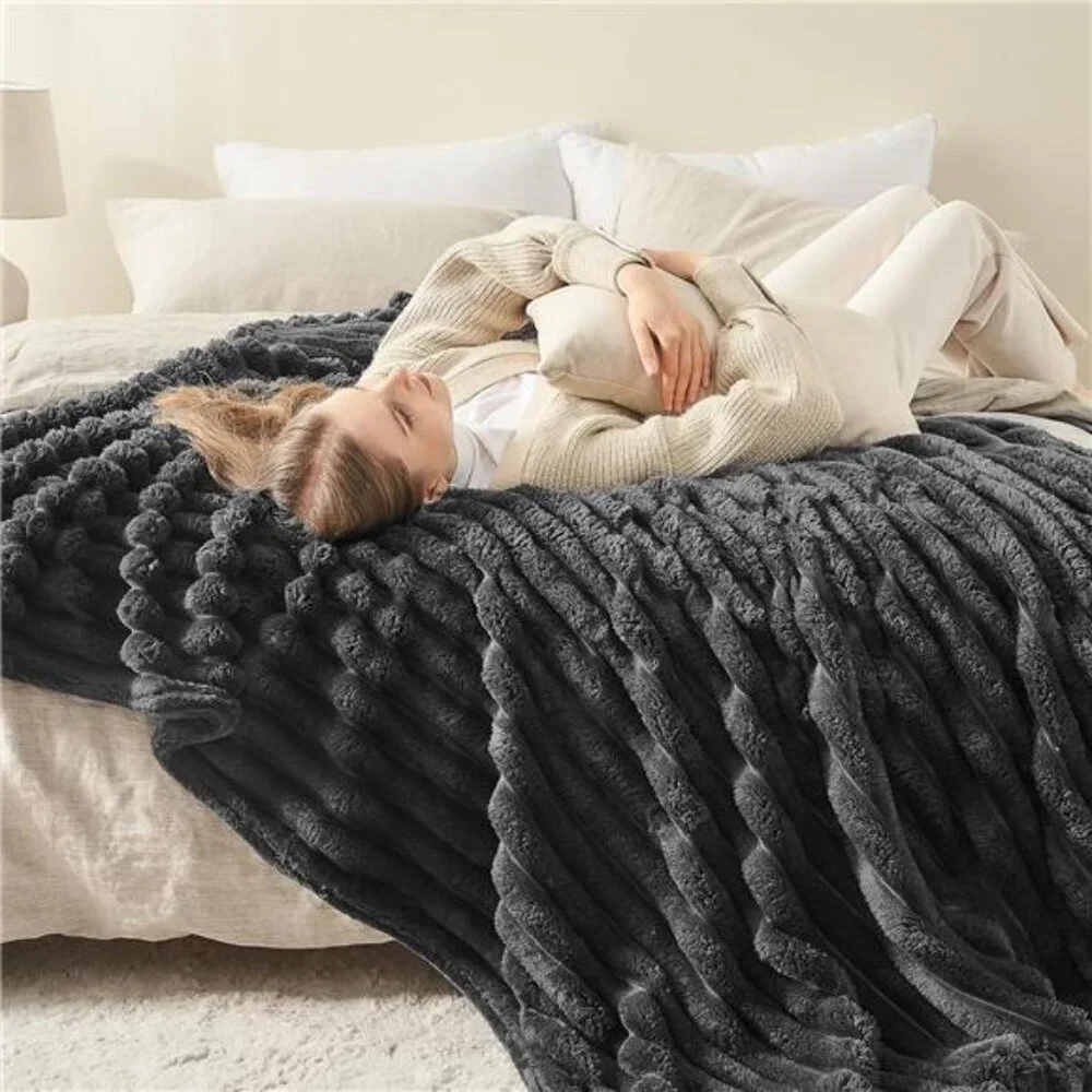 Super Soft Throw Blanket Grey Premium Silky Flannel Fleece Ribbed 50